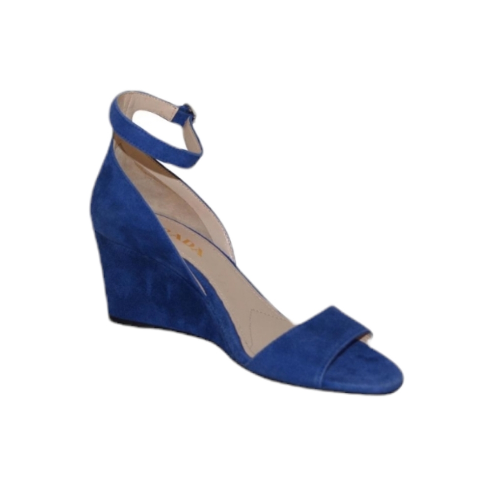 Authentic Prada blue suede sandals with wedge platform and ankle strap